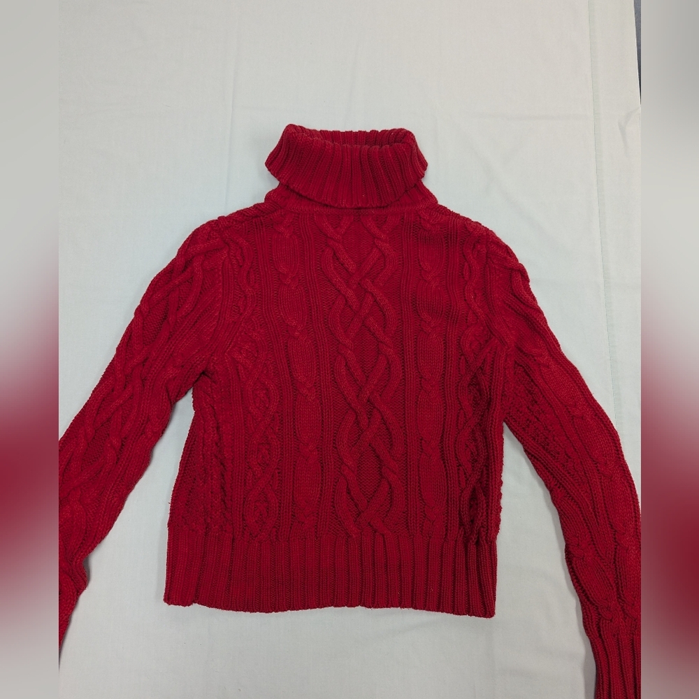 Lands' End Drifter Chunky Cable Knit Turtleneck Sweater In Red